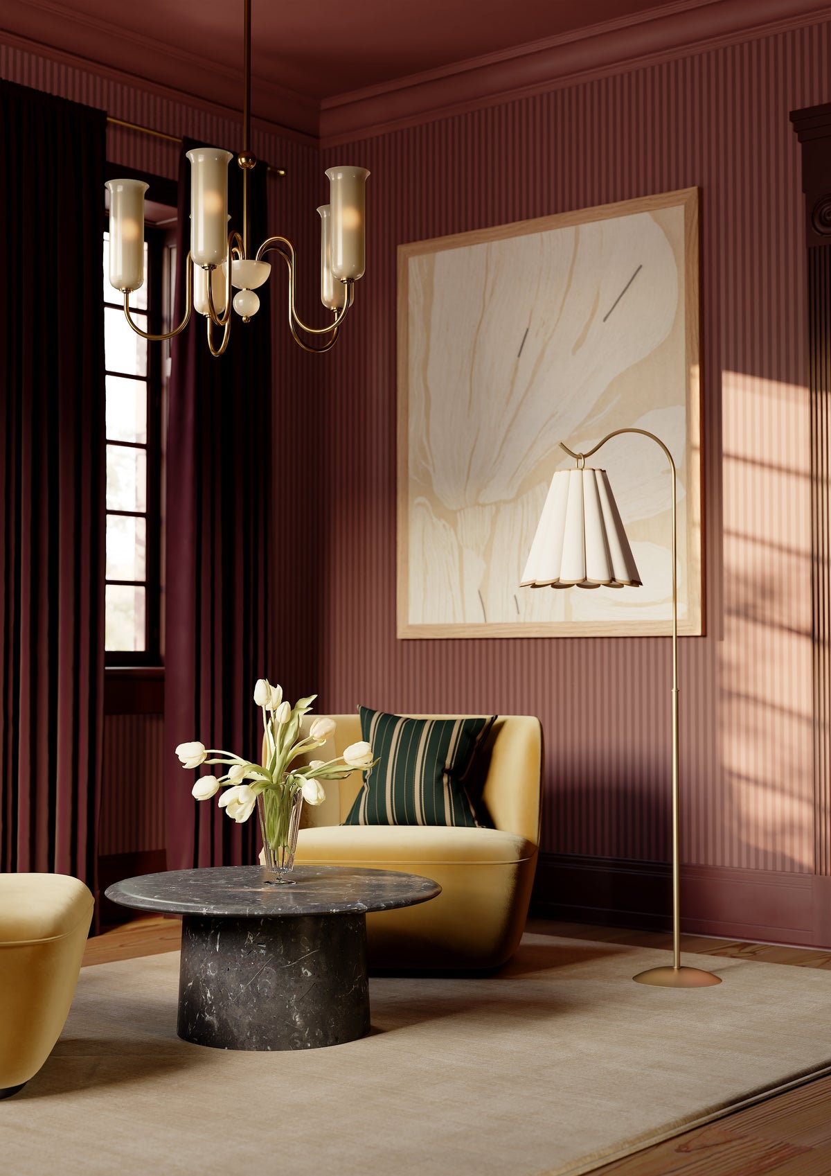 Alessandra chandelier styled with coordinating Eula sconce, alternate angle