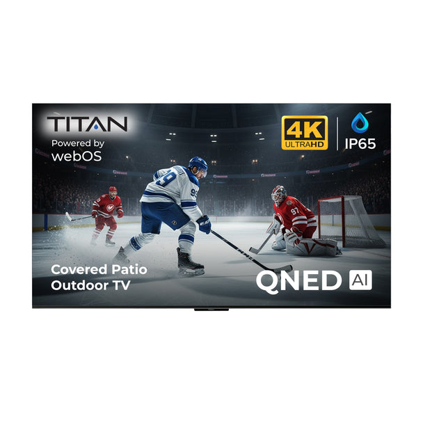Titan L100 QNED Outdoor TV, Covered Patio, IP65 Smart Weatherproof TV, 4K HDR, 60 Hz, Web AI OS, Wi-Fi 5, Dolby Digital, Outdoor TV Cover, Slim Bezel, 2 Year Warranty