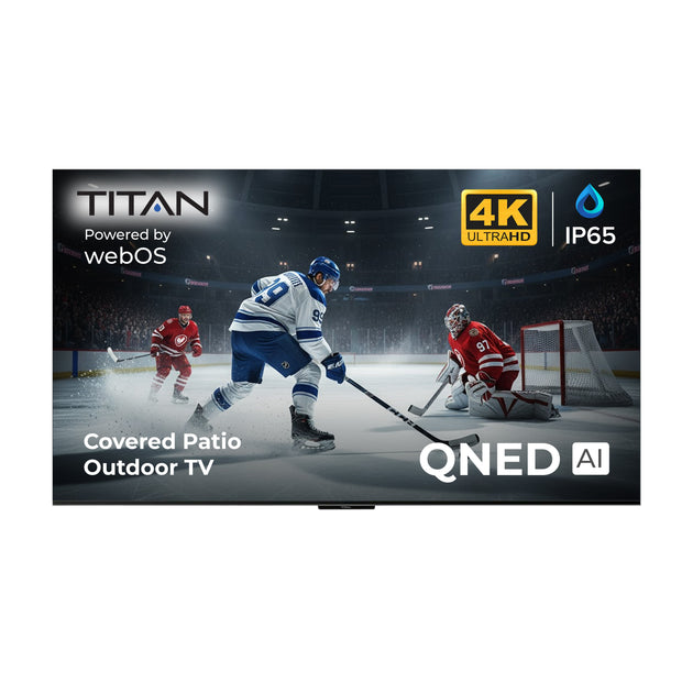 Titan L100 QNED Outdoor TV, Covered Patio, IP65 Smart Weatherproof TV, 4K HDR, 60 Hz, Web AI OS, Wi-Fi 5, Dolby Digital, Outdoor TV Cover, Slim Bezel, 2 Year Warranty