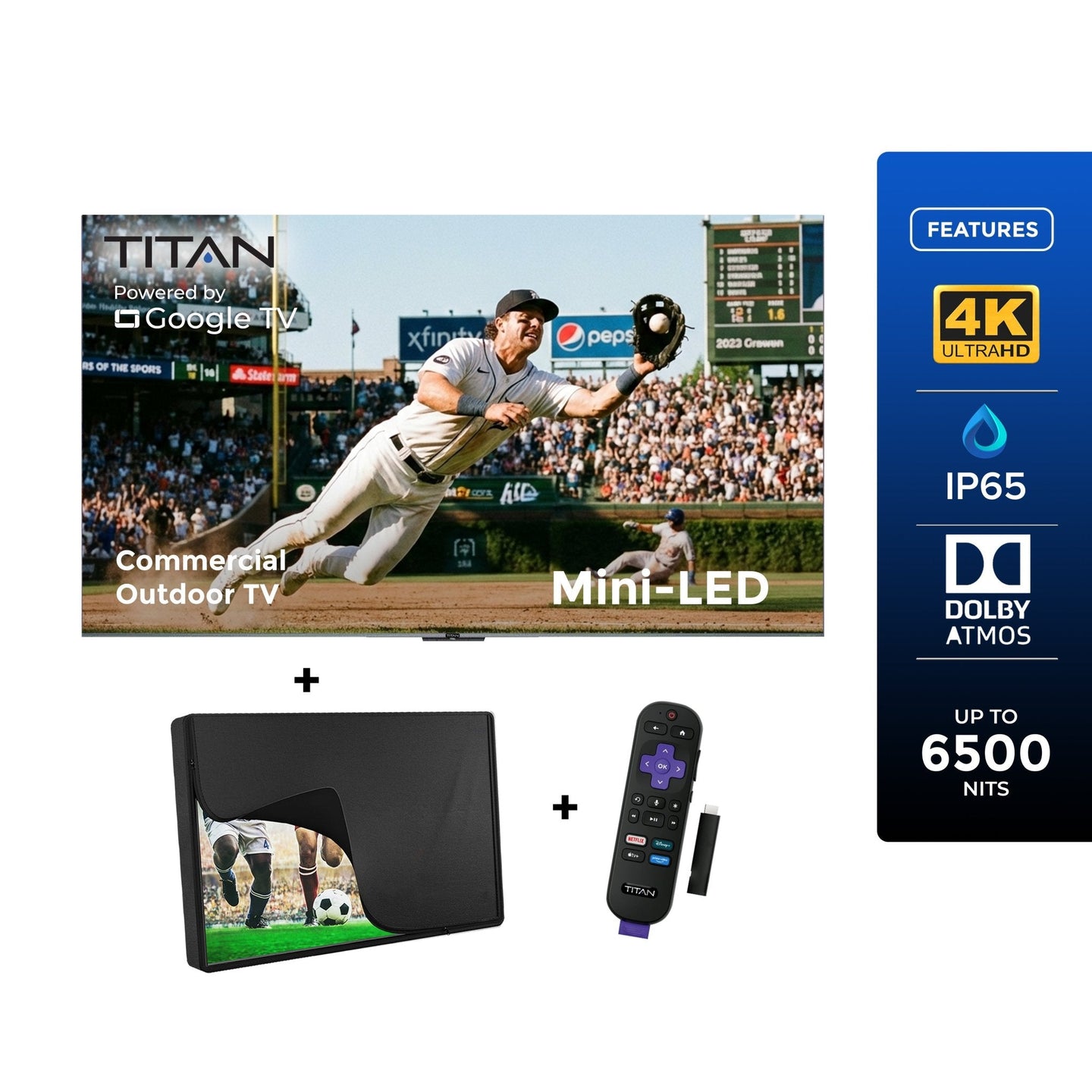 Commercial-Grade Titan Weatherproof Outdoor TV Full Sun Mini-LED QLED 4K Smart TV powered by Google AI OS, Bonus: Premium Tv Cover + Roku Stick