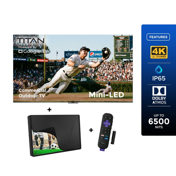Commercial-Grade Titan Weatherproof Outdoor TV Full Sun Mini-LED QLED 4K Smart TV powered by Google AI OS, Bonus: Premium Tv Cover + Roku Stick