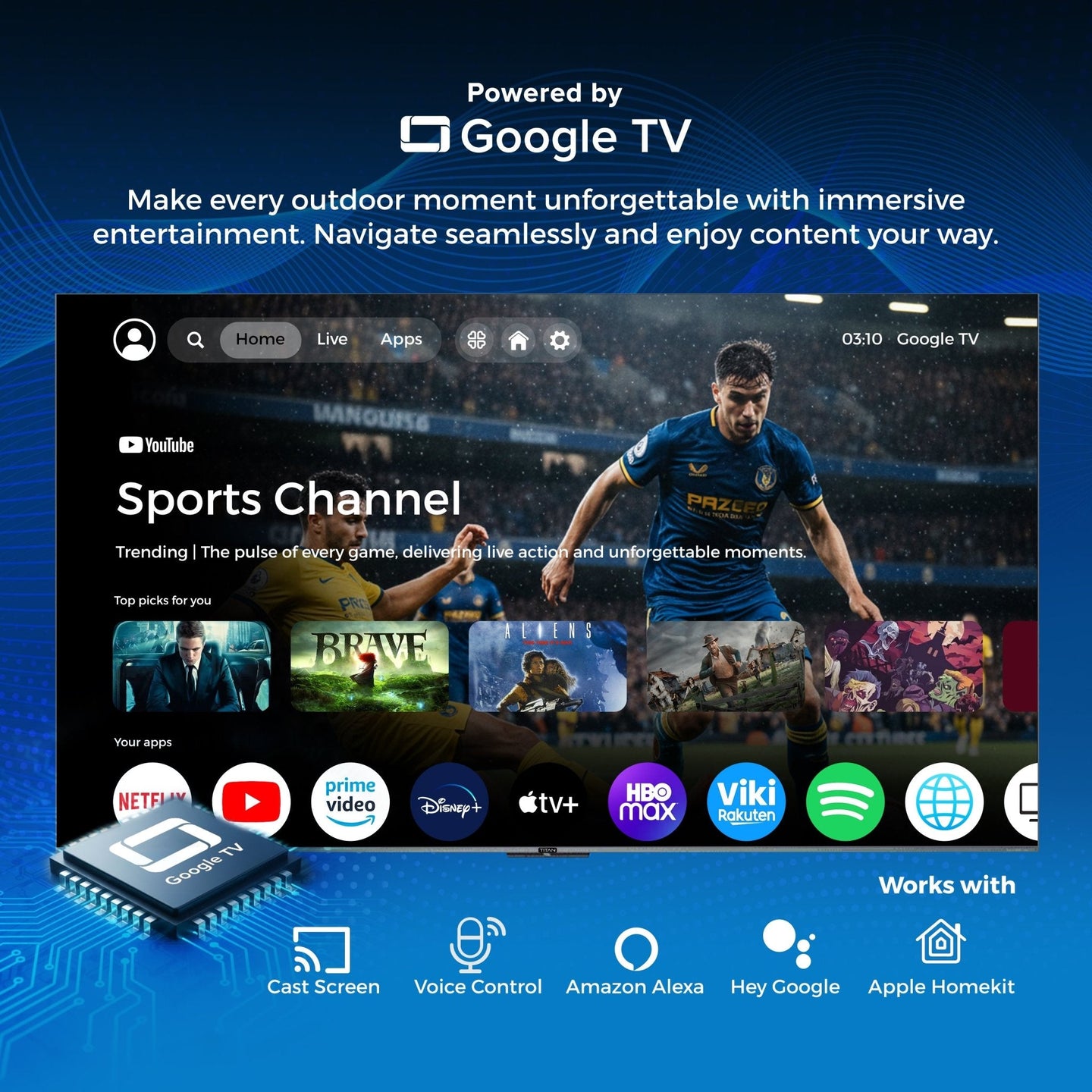 Commercial-Grade Titan Weatherproof Outdoor TV Full Sun Mini-LED QLED 4K Smart TV powered by Google AI OS, Bonus: Premium Tv Cover + Roku Stick