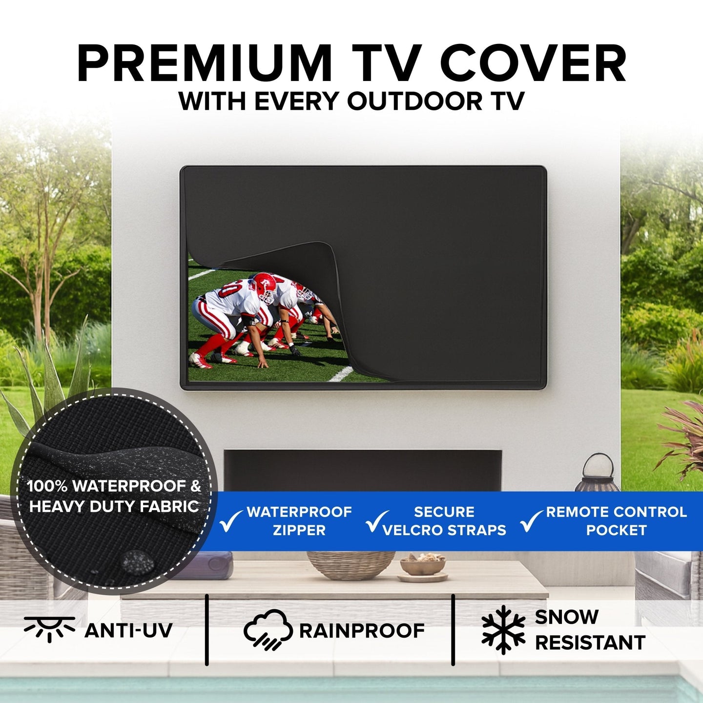 Commercial Titan Weatherproof Outdoor TV Full Sun QNED 4K Smart TV powered by LG WebOS, Bonus: Premium Tv Cover + Roku Stick