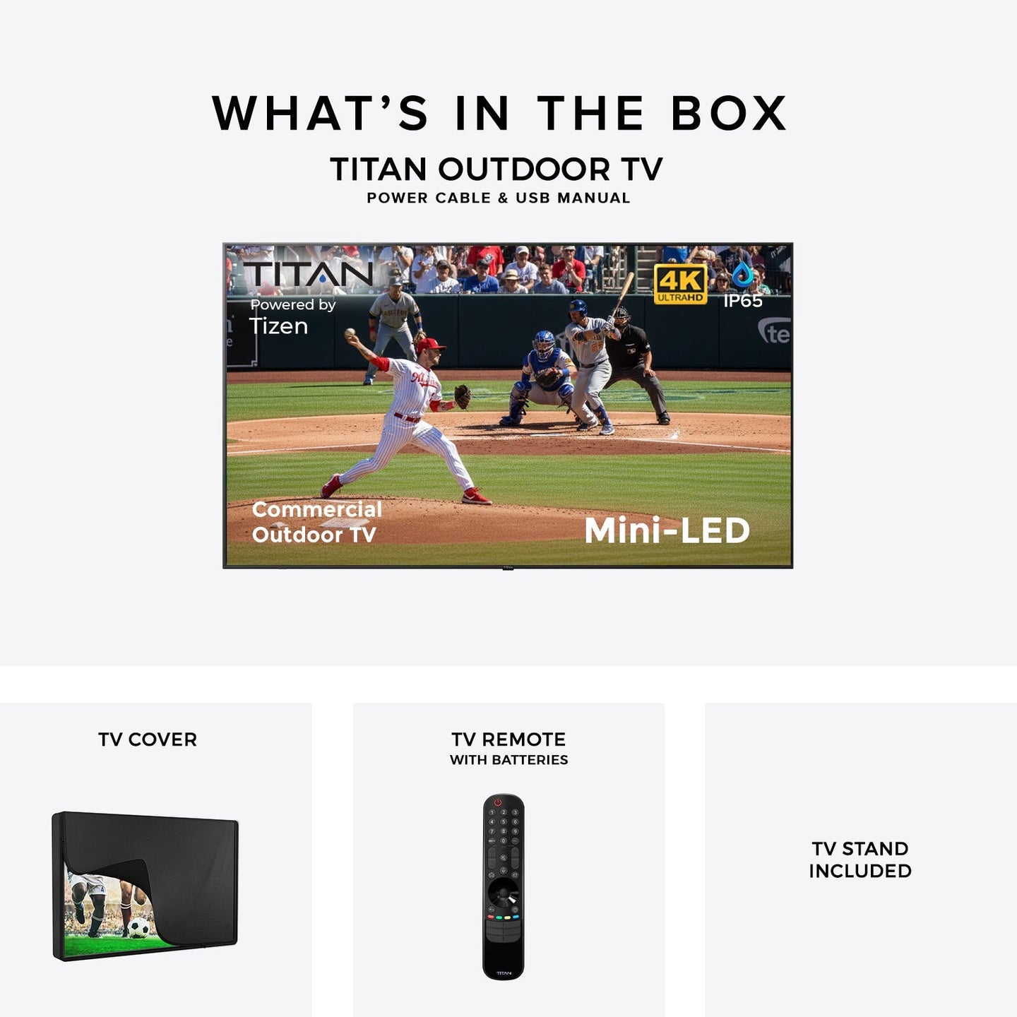 Commercial-Grade Titan Weatherproof Outdoor TV Full Sun QLED 4K Smart TV powered by Samsung Tizen SmartThings, Bonus: Premium Tv Cover + Roku Stick