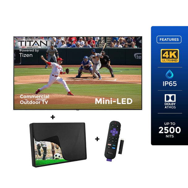 Commercial-Grade Titan Weatherproof Outdoor TV Full Sun QLED 4K Smart TV powered by Samsung Tizen SmartThings, Bonus: Premium Tv Cover + Roku Stick