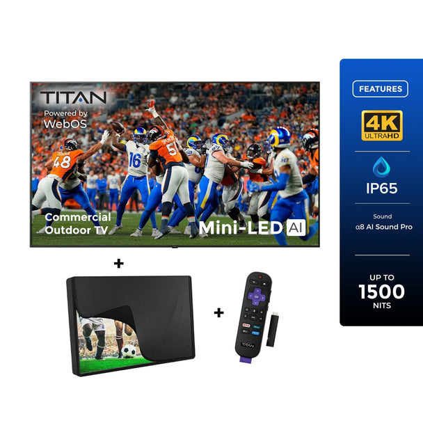 Commercial Titan Weatherproof Outdoor TV Full Sun QNED 4K Smart TV powered by LG WebOS, Bonus: Premium Tv Cover + Roku Stick