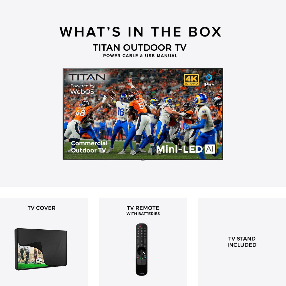 Commercial Titan Weatherproof Outdoor TV Full Sun QNED 4K Smart TV powered by LG WebOS, Bonus: Premium Tv Cover + Roku Stick