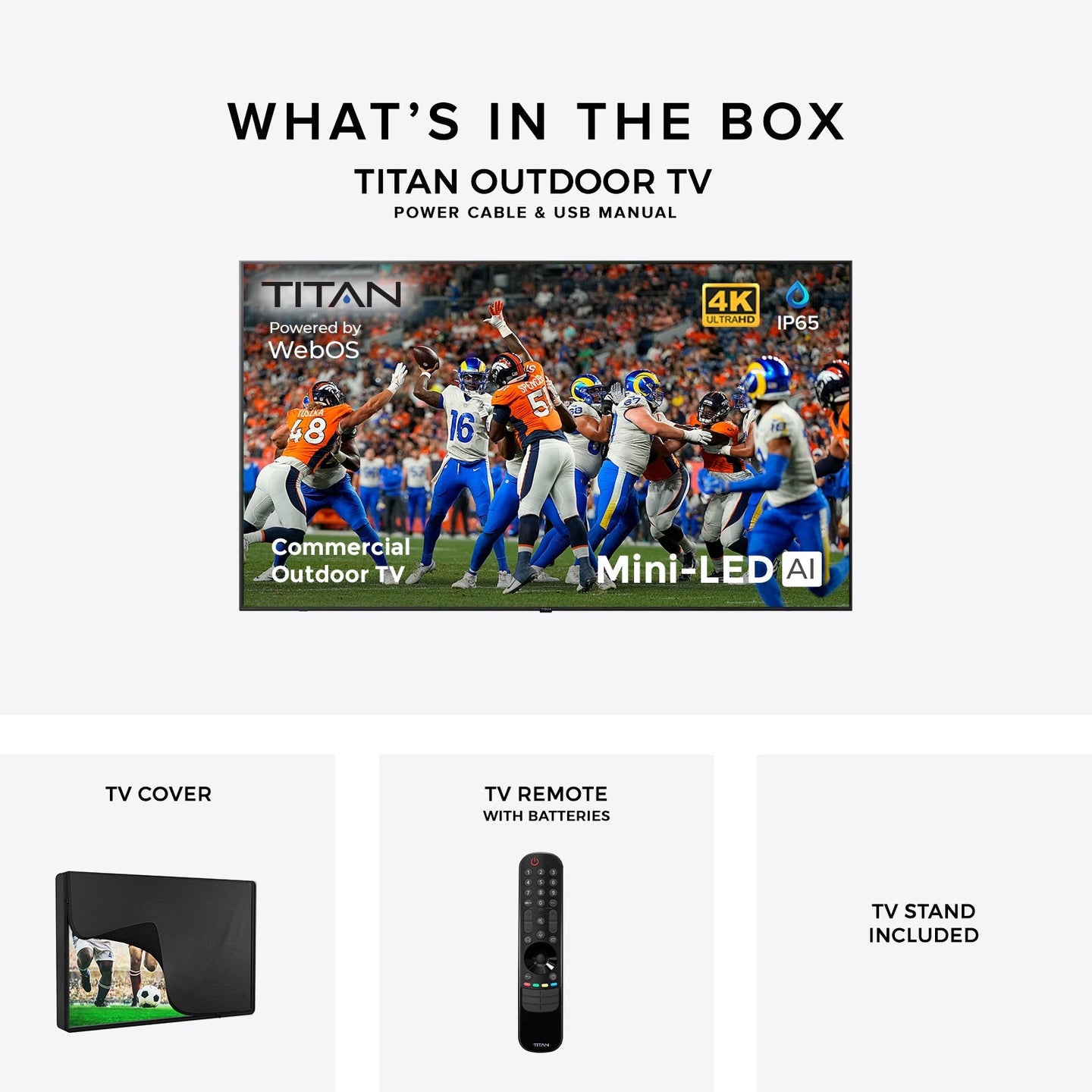 Commercial Titan Weatherproof Outdoor TV Full Sun QNED 4K Smart TV powered by LG WebOS, Bonus: Premium Tv Cover + Roku Stick