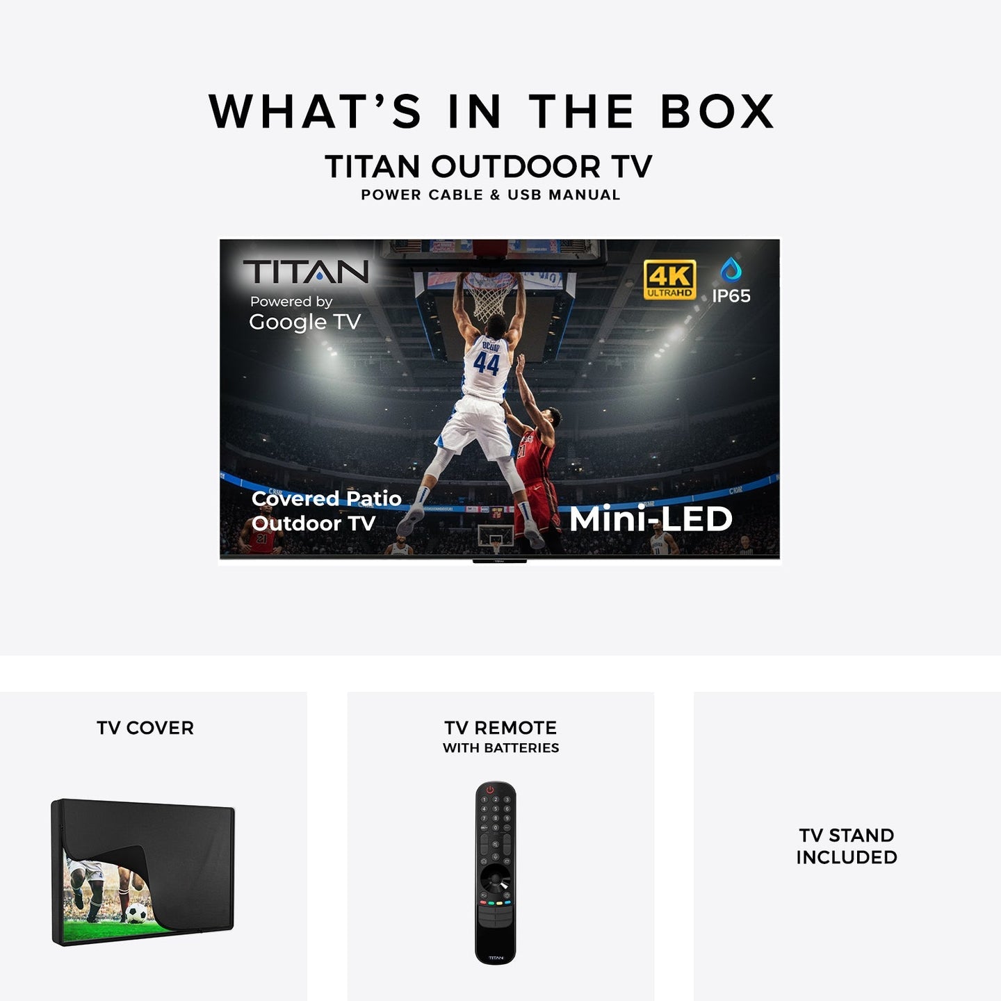 Titan G100 Mini-LED Outdoor TV, Covered Patio, IP65 Smart Weatherproof TV, 4K HDR, 144 Hz, Google AI OS, Up to 3000 Nits, Wi-Fi 6, Dolby Vision & Atmos, Onkyo, Outdoor TV Cover, Slim Bezel, 2 Year Warranty