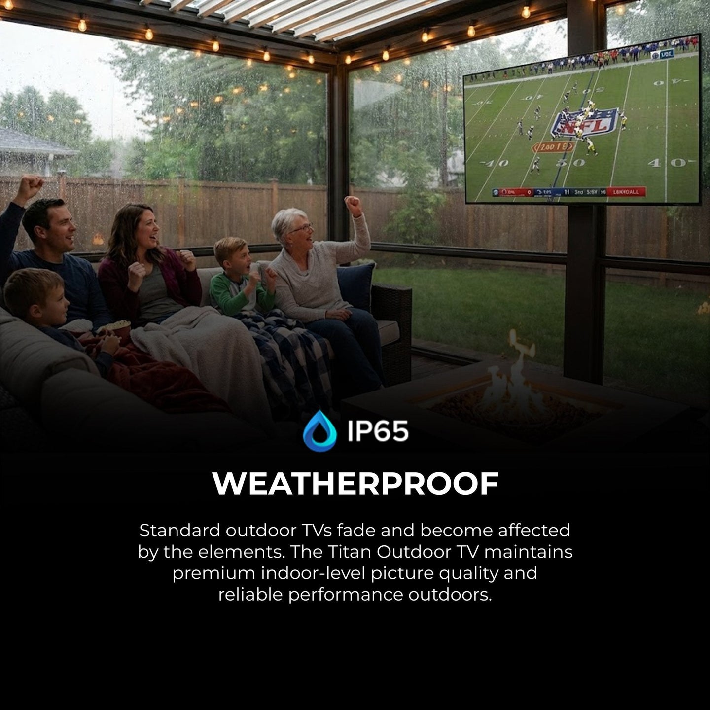 Titan G100 Mini-LED Outdoor TV, Covered Patio, IP65 Smart Weatherproof TV, 4K HDR, 144 Hz, Google AI OS, Up to 3000 Nits, Wi-Fi 6, Dolby Vision & Atmos, Onkyo, Outdoor TV Cover, Slim Bezel, 2 Year Warranty