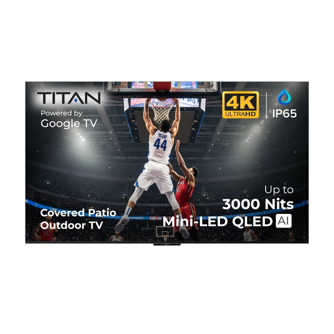 43 Inch Titan G100 Mini-LED Outdoor TV, Covered Patio, IP65 Smart Weatherproof TV, 4K HDR, 144 Hz, Google AI OS, Up to 3000 Nits, Wi-Fi 6, Dolby Vision & Atmos, Onkyo, Outdoor TV Cover, Slim Bezel, 2 Year Warranty