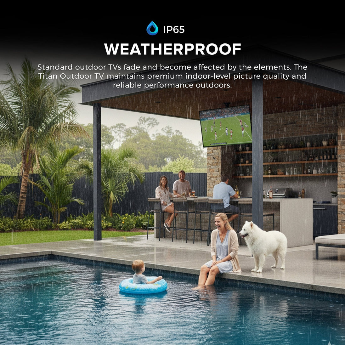 Titan L100 QNED Outdoor TV, Covered Patio, IP65 Smart Weatherproof TV, 4K HDR, 60 Hz, Web AI OS, Wi-Fi 5, Dolby Digital, Outdoor TV Cover, Slim Bezel, 2 Year Warranty