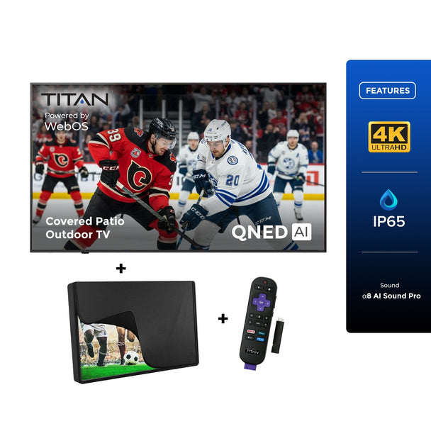 Titan L100 QNED Outdoor TV, Covered Patio, IP65 Smart Weatherproof TV, 4K HDR, 60 Hz, Web AI OS, Wi-Fi 5, Dolby Digital, Outdoor TV Cover, Slim Bezel, 2 Year Warranty