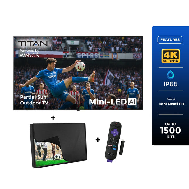 Titan L200 QNED Outdoor TV, Partial Sun, IP65 Smart Weatherproof TV, 4K HDR, 120 Hz, Web AI OS, 1500 Nits, Wi-Fi 6E, HDR10, Outdoor TV Cover, Slim Bezel, 2 Year Warranty