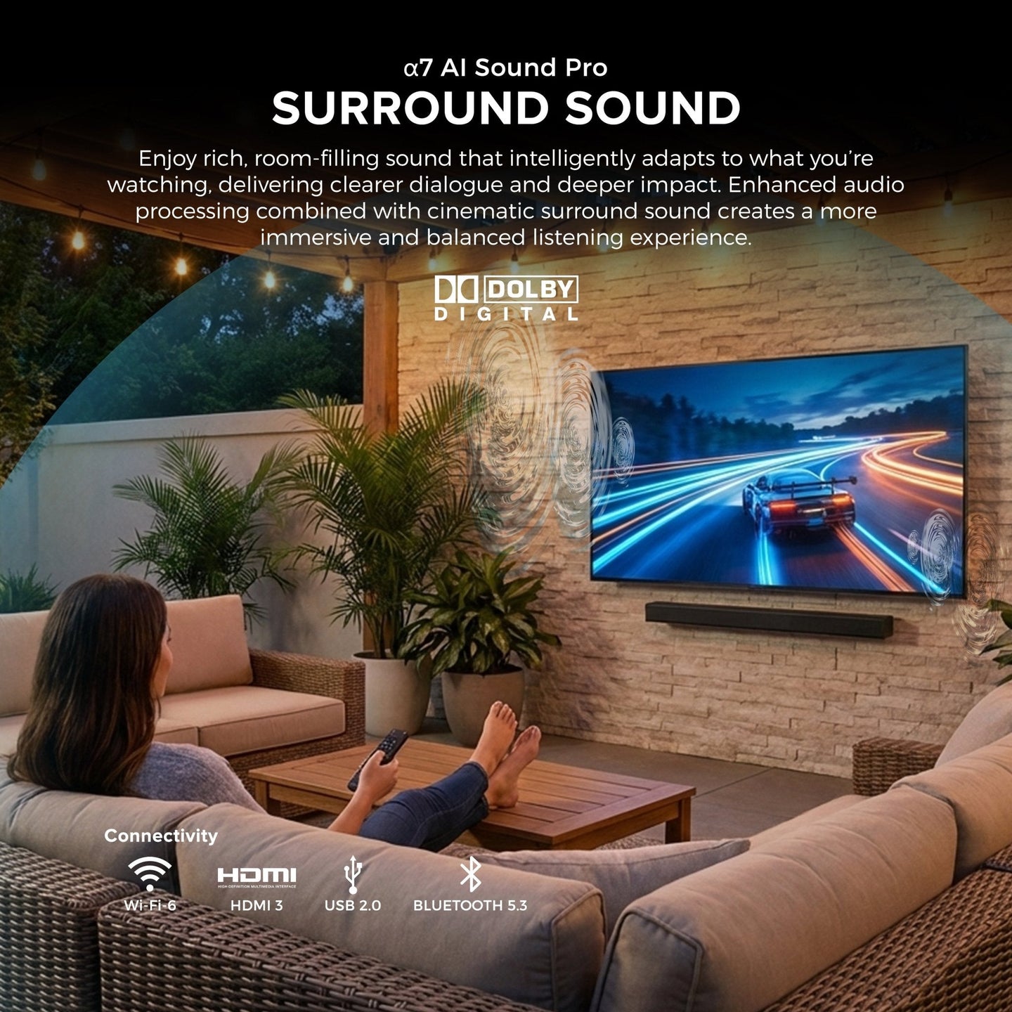Titan L200 QNED Outdoor TV, Partial Sun, IP65 Smart Weatherproof TV, 4K HDR, 120 Hz, Web AI OS, 1500 Nits, Wi-Fi 6E, HDR10, Outdoor TV Cover, Slim Bezel, 2 Year Warranty