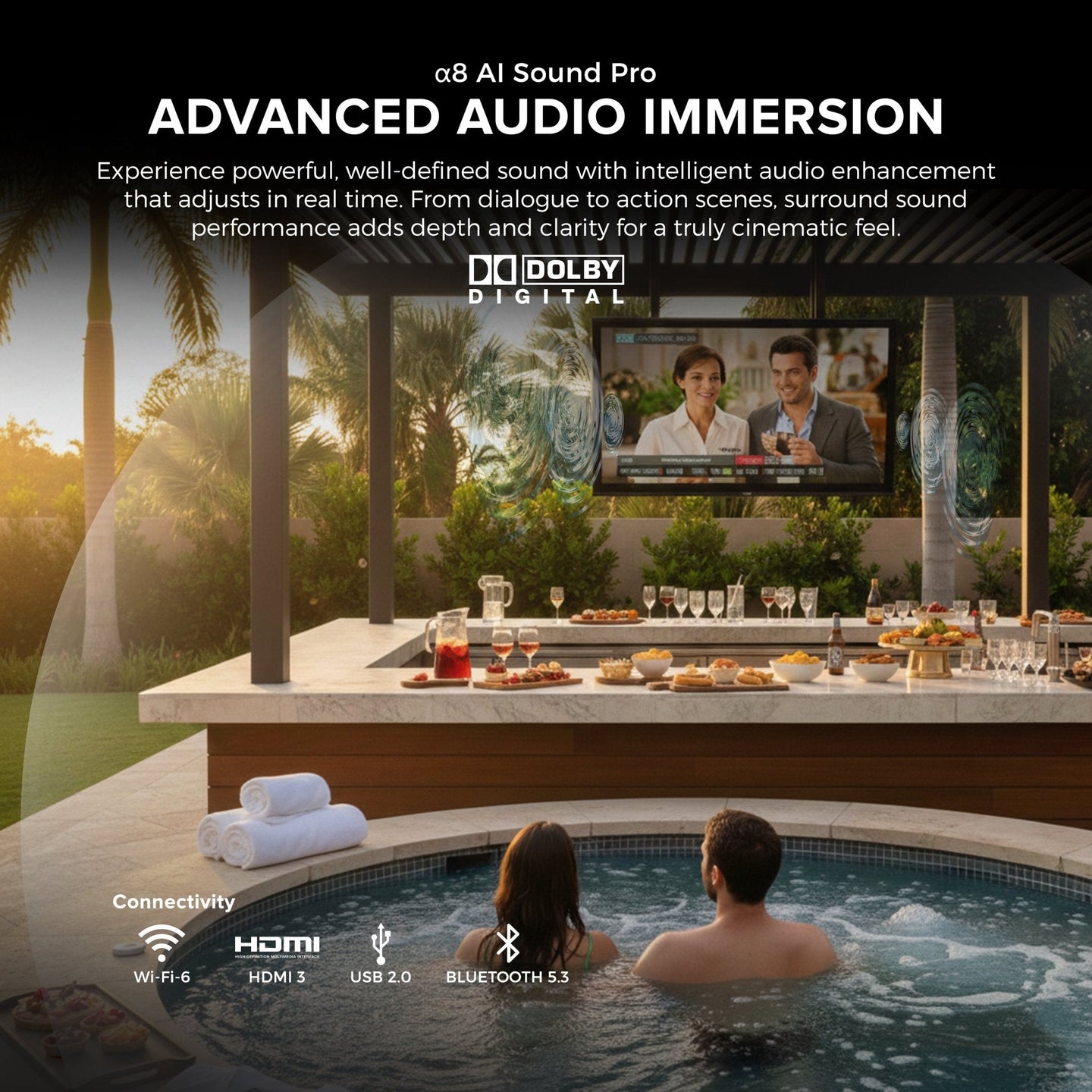 Titan L300 Mini-LED QNED Outdoor TV, Full Sun, IP65 Smart Weatherproof TV, 4K HDR, 120 Hz, Web AI OS, 1500 Nits, Wi-Fi 6E, Dolby Vision, Outdoor TV Cover, Slim Bezel, 2 Year Warranty