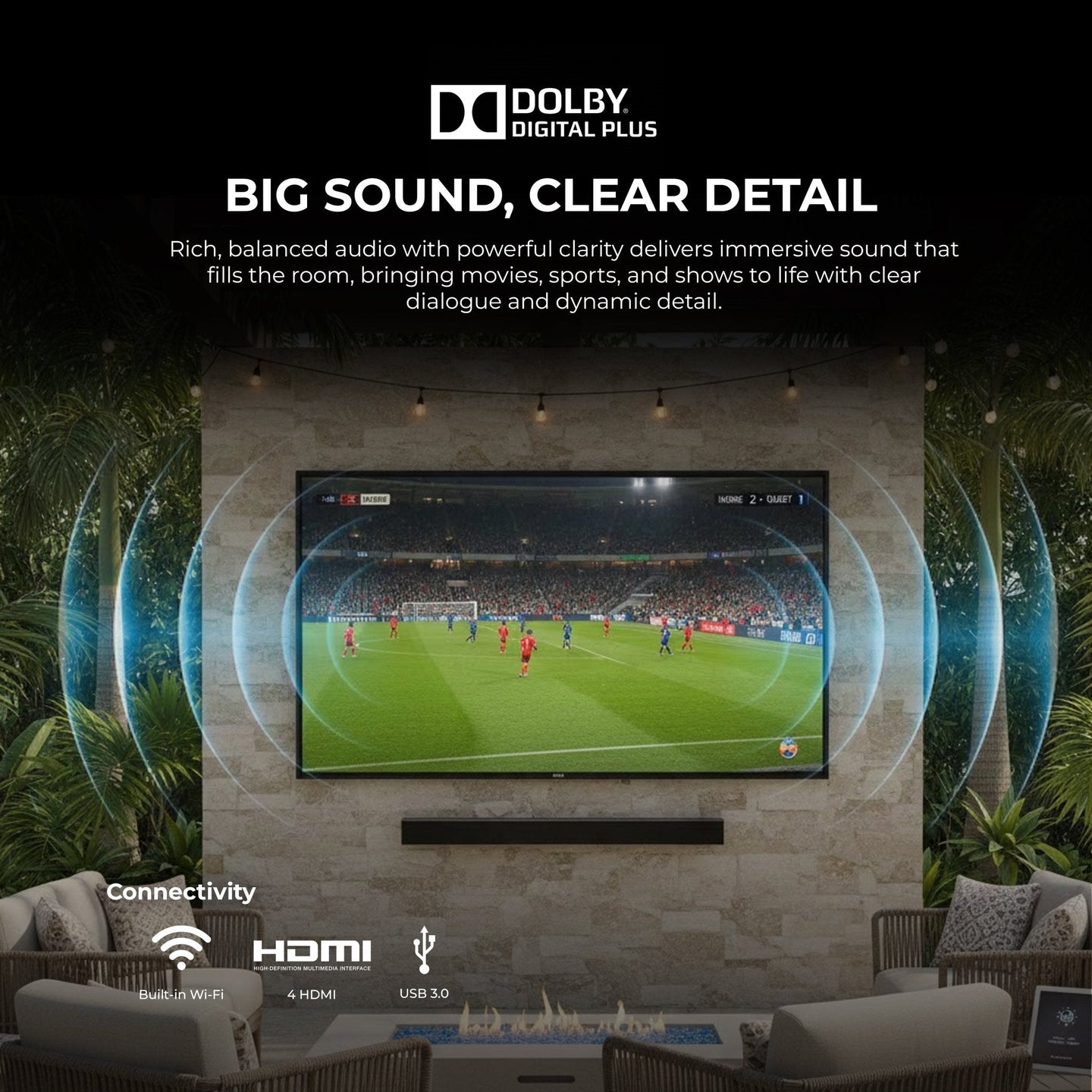 Titan S100 QLED Outdoor TV, Covered Patio, IP65 Smart Weatherproof TV, 4K HDR, 60 Hz, Tizen AI OS, 800 Nits, Wi-Fi 5, HDR10+, Outdoor TV Cover, Slim Bezel, 2 Year Warranty