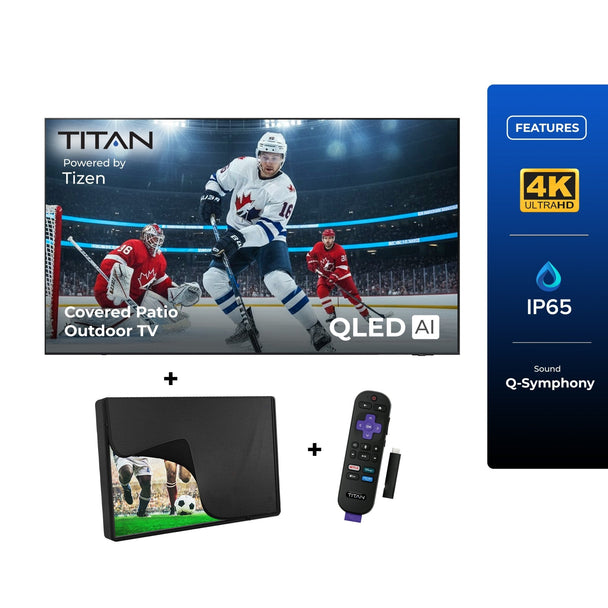 55 Inch Titan S100 QLED Outdoor TV, Covered Patio, IP65 Smart Weatherproof TV, 4K HDR, 60 Hz, Tizen AI OS, 800 Nits, Wi-Fi 5, HDR10+, Outdoor TV Cover, Slim Bezel, 2 Year Warranty