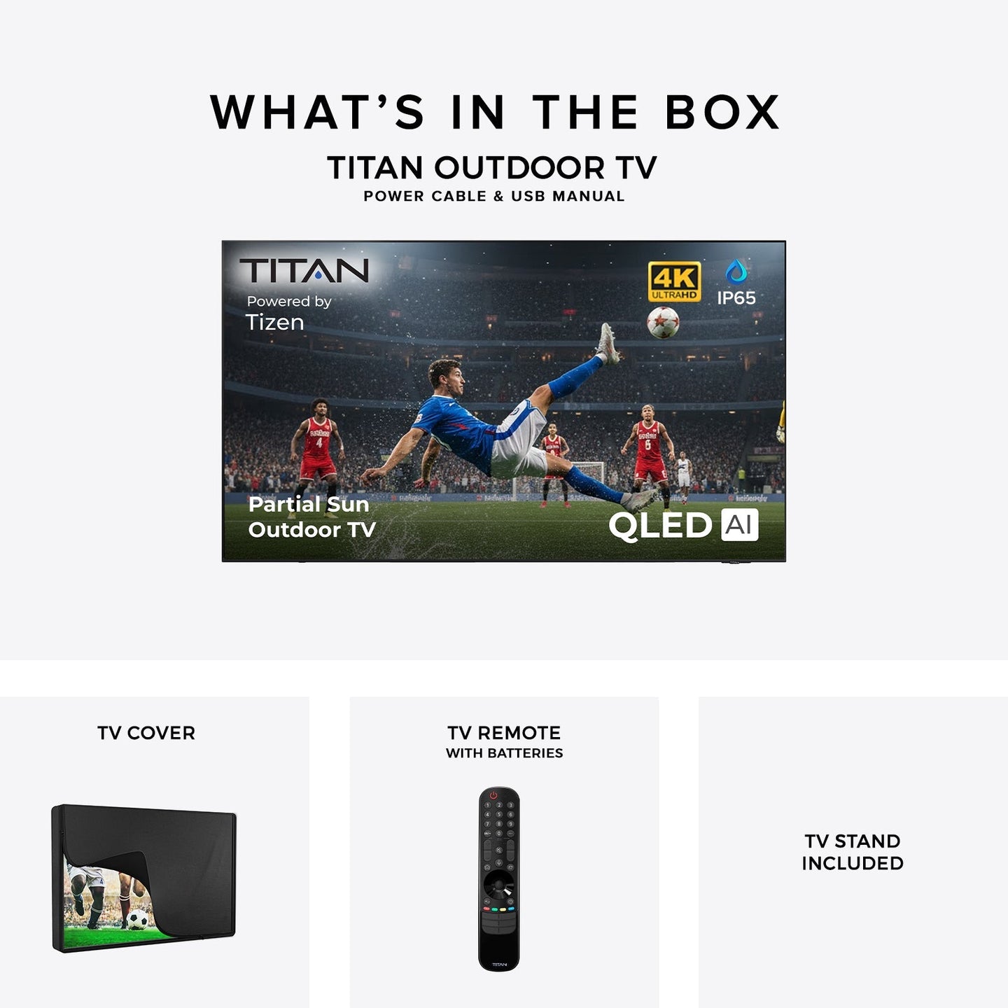 43 Inch Titan S200 QLED Outdoor TV, Partial Sun, IP65 Smart Weatherproof TV, 4K HDR, 120 Hz, Tizen AI OS, 1000 Nits, Wi-Fi 5, HDR10+, Outdoor TV Cover, Slim Bezel, 2 Year Warranty