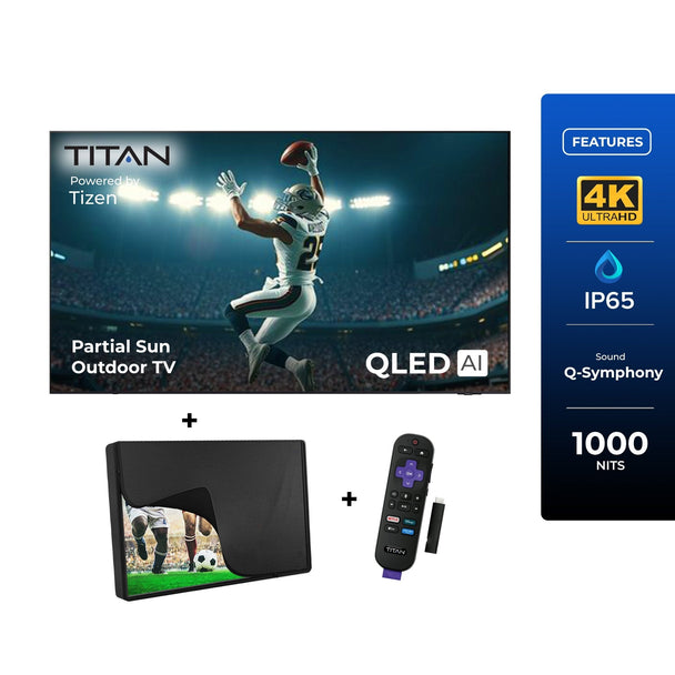 43 Inch Titan S200 QLED Outdoor TV, Partial Sun, IP65 Smart Weatherproof TV, 4K HDR, 120 Hz, Tizen AI OS, 1000 Nits, Wi-Fi 5, HDR10+, Outdoor TV Cover, Slim Bezel, 2 Year Warranty
