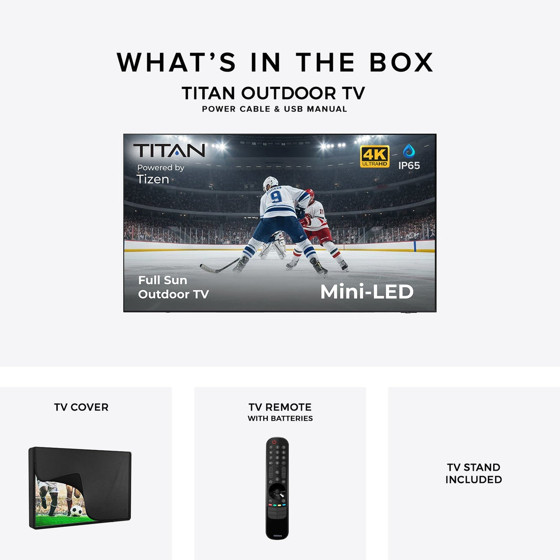 Titan S300 Mini-LED Outdoor TV, Full Sun, IP65 Smart Weatherproof TV, 4K HDR, 120 Hz, Tizen AI OS, Up To 2500 Nits, Wi-Fi 5, HDR10+, Outdoor TV Cover, Slim Bezel, 2 Year Warranty