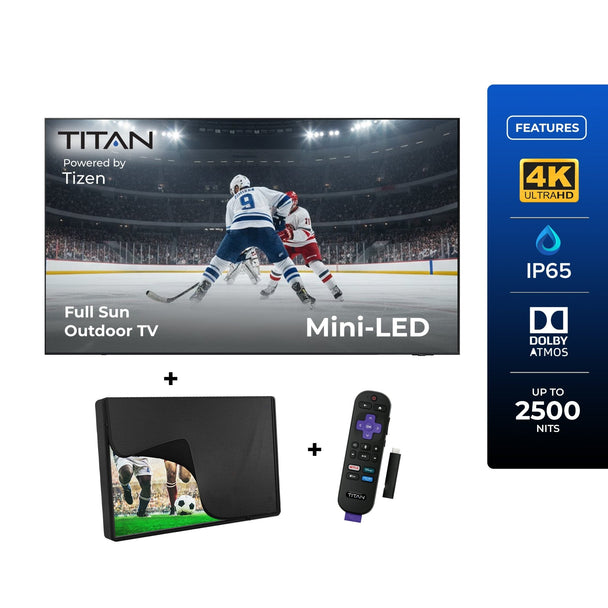 55 Inch Titan S300 Mini-LED Outdoor TV, Full Sun, IP65 Smart Weatherproof TV, 4K HDR, 120 Hz, Tizen AI OS, Up To 2500 Nits, Wi-Fi 5, HDR10+, Outdoor TV Cover, Slim Bezel, 2 Year Warranty