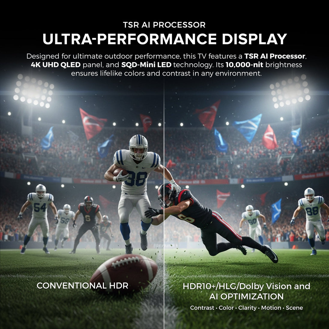 Titan TT-SQD Mini-LED Commercial-Grade Outdoor TV, Full Sun, IP65 Smart Weatherproof TV, 4K HDR, 144 Hz, Google AI OS, 10000 Nits, Bonus: Premium Tv Cover + Roku Stick, 2 Year Warranty