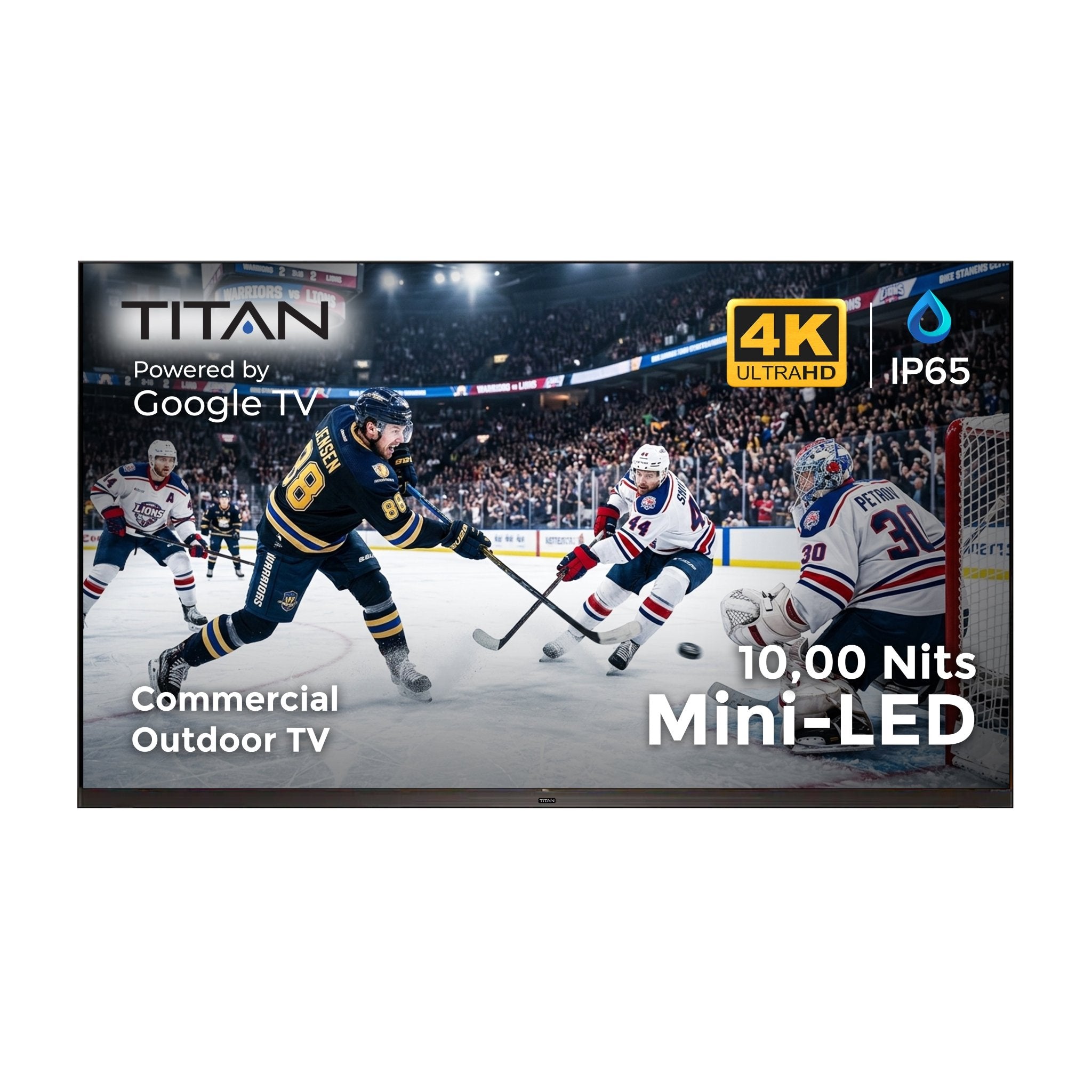Titan TT-SQD Mini-LED Commercial-Grade Outdoor TV, Full Sun, IP65 Smart Weatherproof TV, 4K HDR, 144 Hz, Google AI OS, 10000 Nits, Bonus: Premium Tv Cover + Roku Stick, 2 Year Warranty