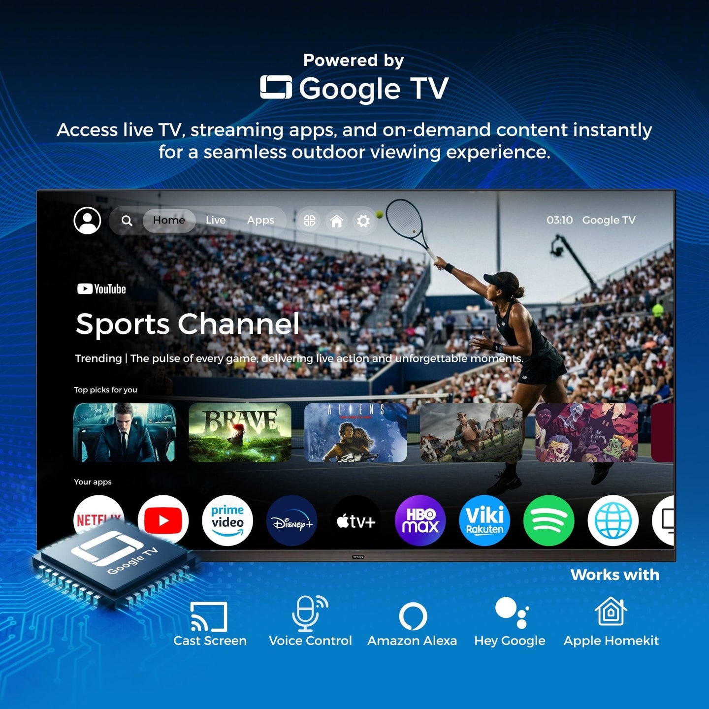 Titan TT-SQD Mini-LED Commercial-Grade Outdoor TV, Full Sun, IP65 Smart Weatherproof TV, 4K HDR, 144 Hz, Google AI OS, 10000 Nits, Bonus: Premium Tv Cover + Roku Stick, 2 Year Warranty