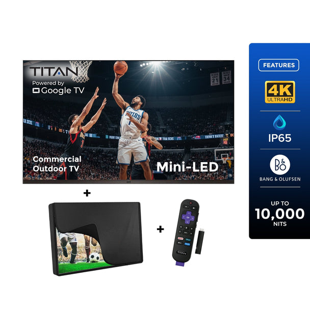 Titan TT-SQD Mini-LED Commercial-Grade Outdoor TV, Full Sun, IP65 Smart Weatherproof TV, 4K HDR, 144 Hz, Google AI OS, 10000 Nits, Bonus: Premium Tv Cover + Roku Stick, 2 Year Warranty